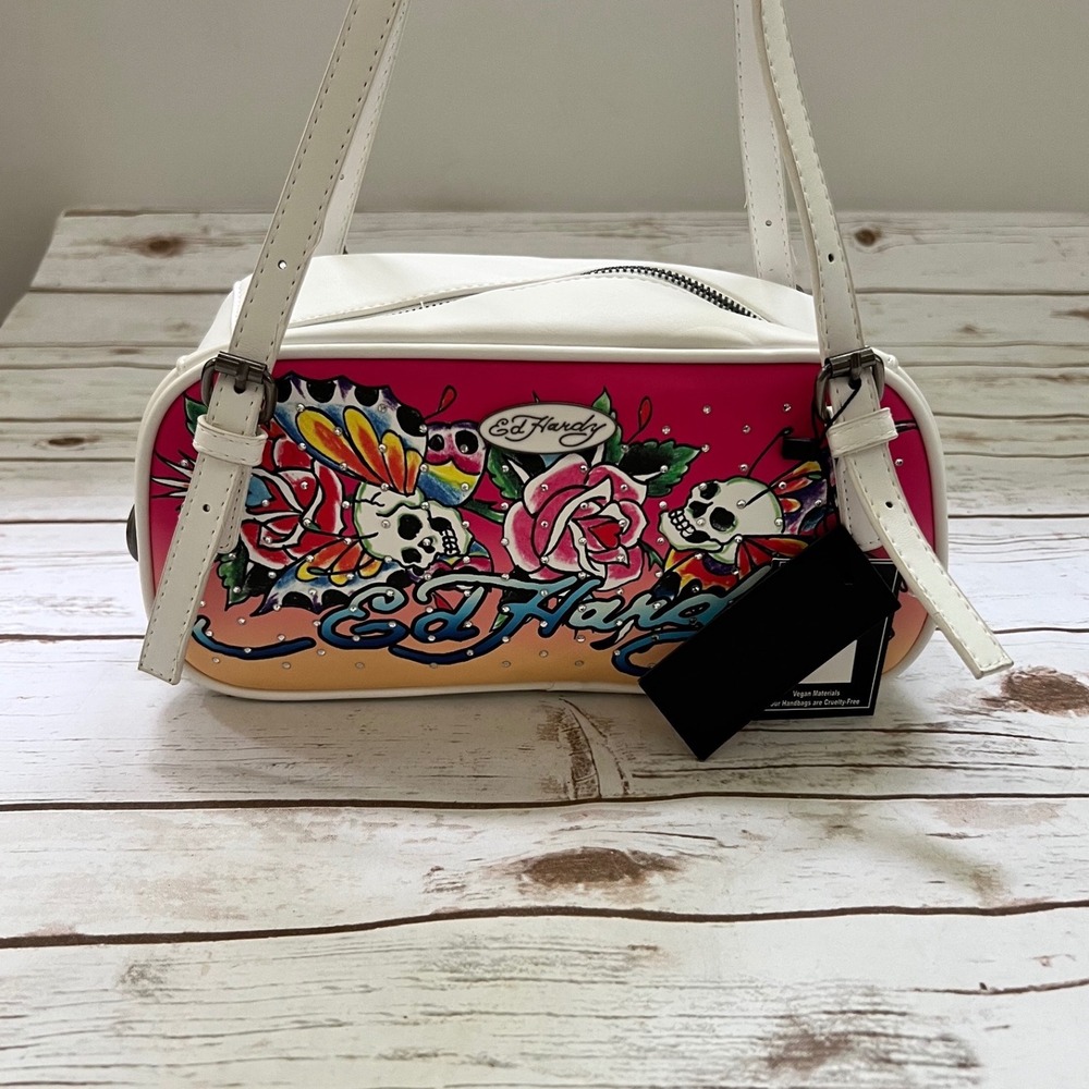 Ed Hardy Shoulder Bag White Tattoo Graphic Rhinestone EHH278-42-H01 OS